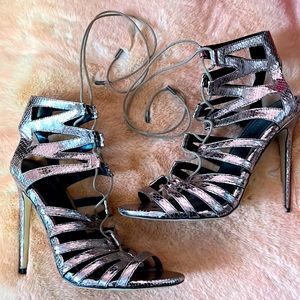 New Year’s Eve heels stiletto sandal rose gold snake skin chrome worn once